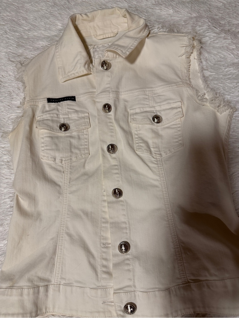 Philipp Plein Cream Sleeveless Button-Down Denim Vest